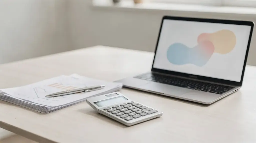 Ordentlicher Arbeitsplatz für Selbstständigkeit mit Laptop, Notizbuch und Bürobedarf