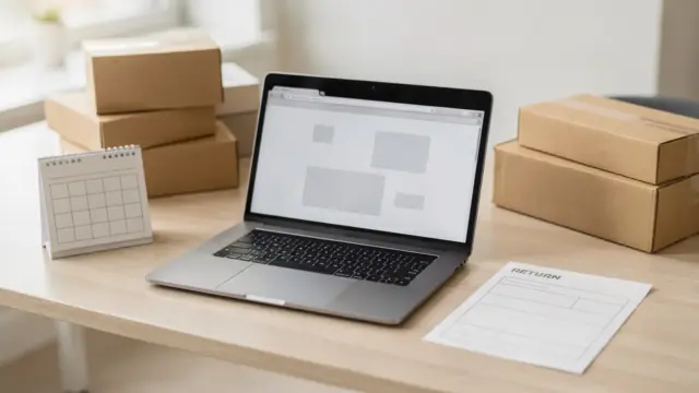 Onlineshop-Widerrufsrecht mit Laptop, Kalender und Retourenformular auf dem Schreibtisch