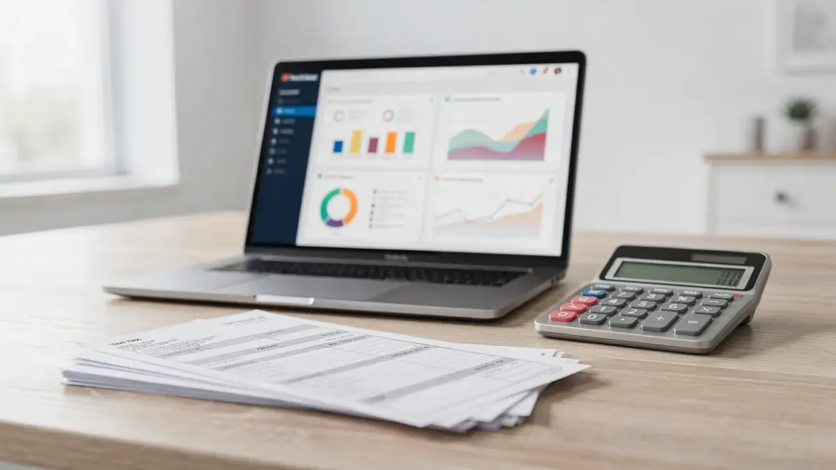 Laptop mit Steuerunterlagen im Büro zu Steuern im Onlinehandel für Onlineshops