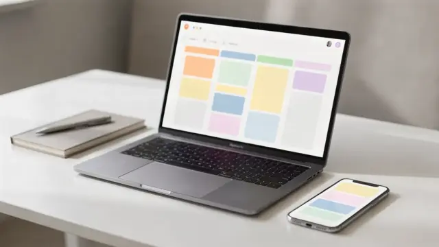 Laptop mit Aufgabenboard auf dem Schreibtisch als Symbol für Trello vs. Asana im Vergleich für Aufgaben, Teams und Workflows