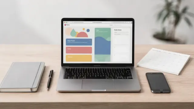 Aufgaben- und Zeitmanagement-Tools auf einem aufgeräumten Schreibtisch für Selbstständige