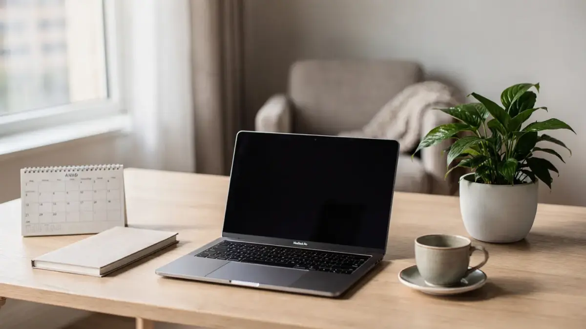 Homeoffice mit Laptop und Kalender zum Thema Work-Life-Balance als Unternehmer