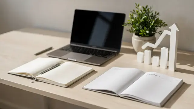 Arbeitsplatz mit Notebook, Laptop und Wachstumschart zum Thema persönliche Entwicklung als Unternehmer