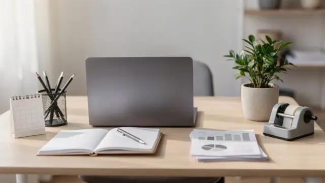 Ordentlicher Büroarbeitsplatz mit Laptop, Kalender und Unterlagen zum Thema langfristige Stabilität für Unternehmer