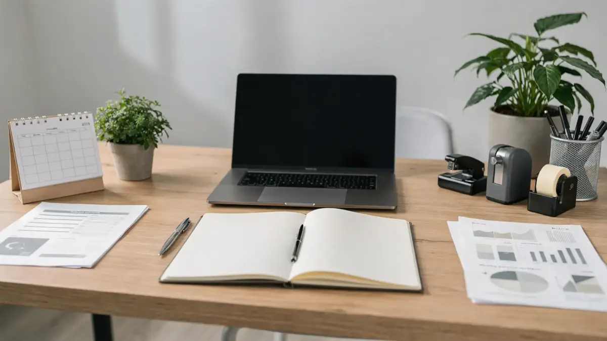 Ordentlicher Büroarbeitsplatz mit Laptop, Kalender und Unterlagen zum Thema langfristige Stabilität für Unternehmer