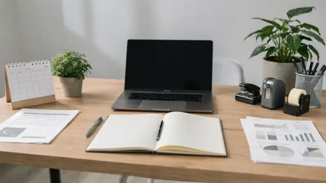 Ordentlicher Büroarbeitsplatz mit Laptop, Kalender und Unterlagen zum Thema langfristige Stabilität für Unternehmer