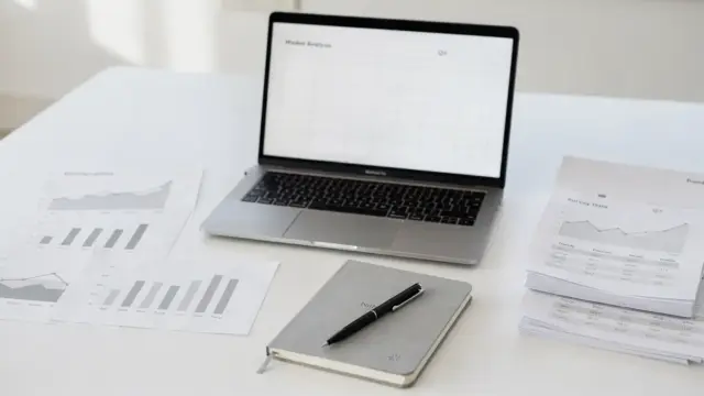 Marktanalyse für die Gründung: Laptop, Diagramme und Unterlagen auf einem Schreibtisch