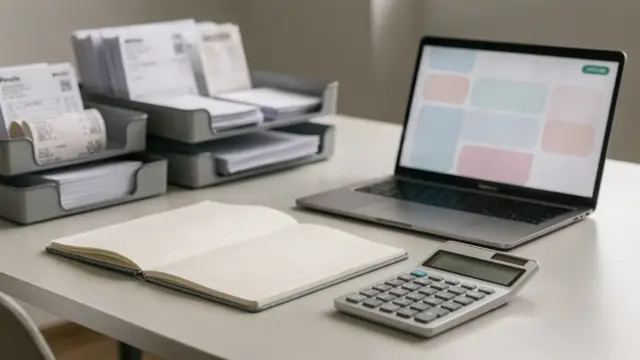 Gründungs-Buchhaltung mit Laptop, Belegen, Taschenrechner und Ordnern auf einem Schreibtisch