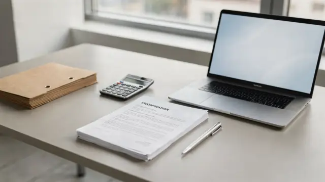 Dokumente, Rechner und Laptop zur Haftung bei der Gründung und Rechtsformwahl auf einem Schreibtisch