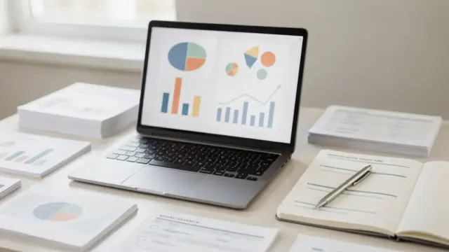 Schreibtisch mit Laptop und Keyword-Notizen zur Wahl einer Affiliate-Nische mit Nachfrage und Kaufabsicht