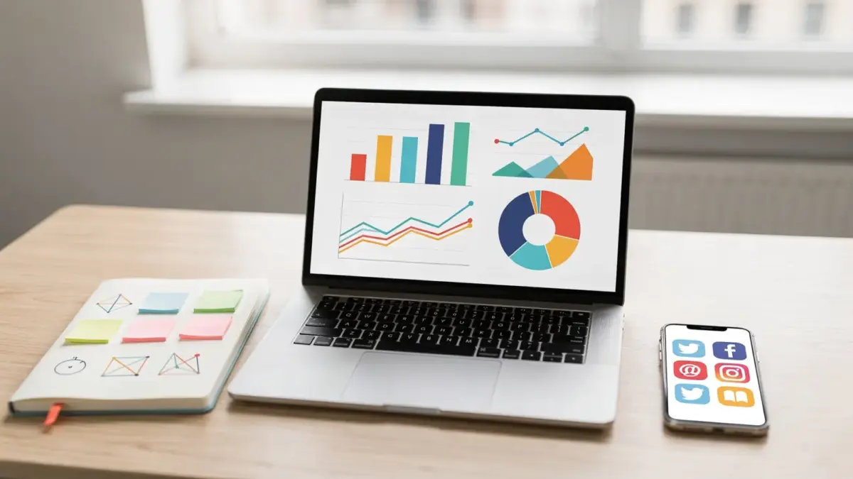 Affiliate-Marketing-Arbeitsplatz mit Laptop, Analysegrafiken und Smartphone für mehr Reichweite