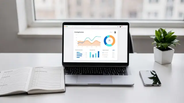 Affiliate-Marketing-Recht: Laptop, Checkliste und Smartphone in hellem Büro