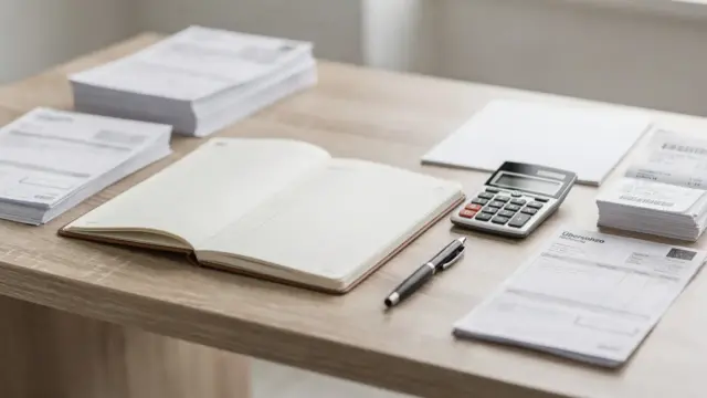 Schreibtisch mit Belegen, Rechner und Notizbuch zur EÜR einfach erklärt