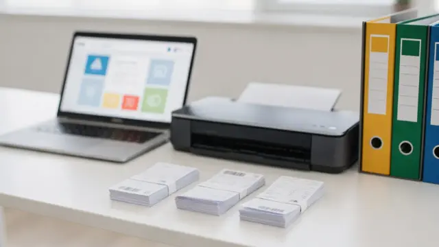 Digitale Archivierung von Belegen am Schreibtisch mit Scanner, Laptop und geordneten Aktenordnern