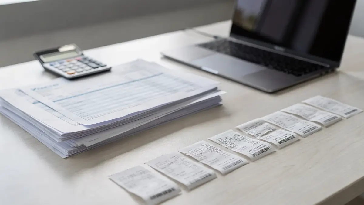 Betriebliche Veranlassung: Unterlagen, Taschenrechner und Laptop auf einem Bürotisch zur Betriebsausgaben-Prüfung
