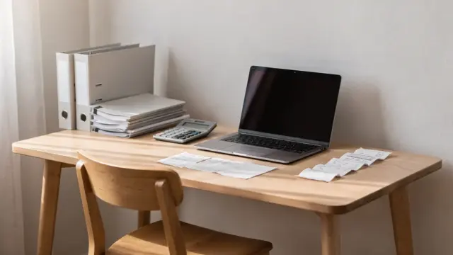 Ordentliches Arbeitszimmer mit Laptop, Belegen und Ordnern für das steuerlich absetzbare Arbeitszimmer