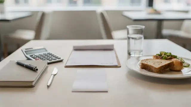 Bewirtungskosten steuer: Tisch mit Beleg, Rechnung, Taschenrechner und Notizblock in einem Restaurant