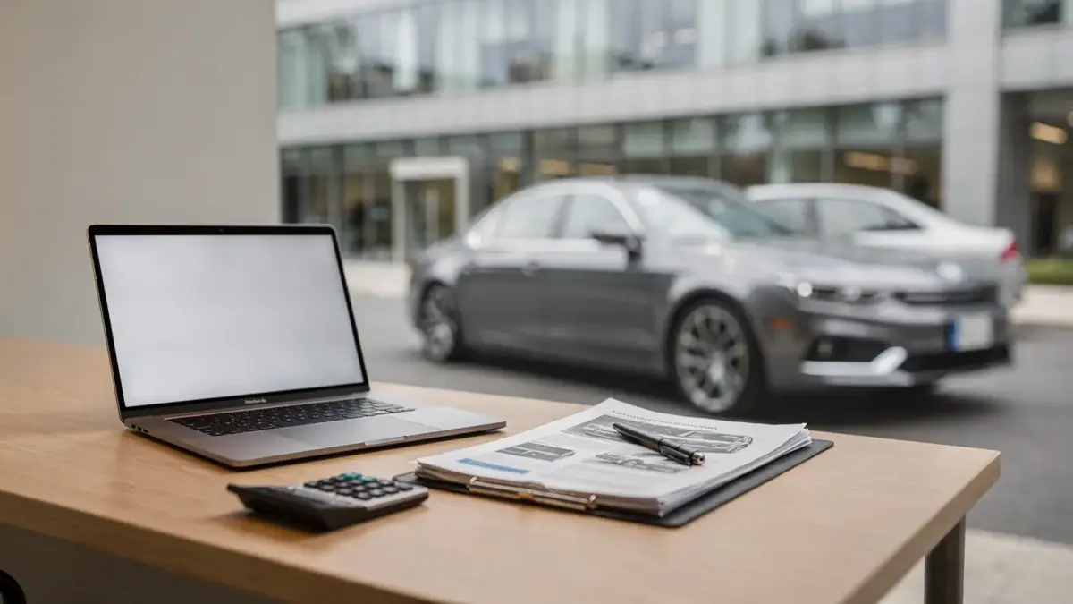 Firmenauto steuerlich absetzen: Businessauto vor Büro mit Laptop, Taschenrechner und Unterlagen