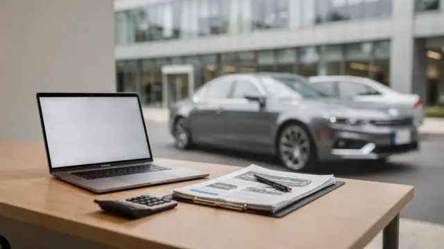 Firmenauto steuerlich absetzen: Businessauto vor Büro mit Laptop, Taschenrechner und Unterlagen