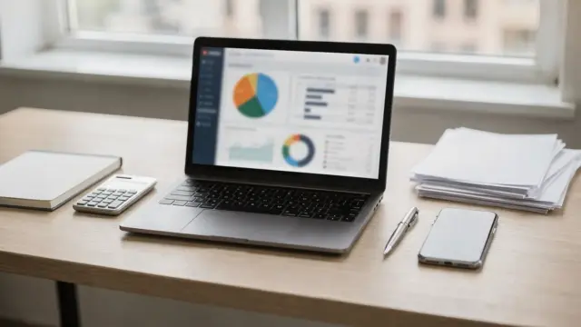 Buchhaltungssoftware für Freiberufler auf Laptop im Homeoffice mit Notizbuch, Taschenrechner und Unterlagen
