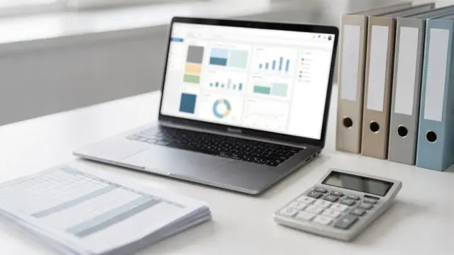Excel und Buchhaltungssoftware auf dem Schreibtisch: Laptop, Tabellenblatt, Taschenrechner und Ordner