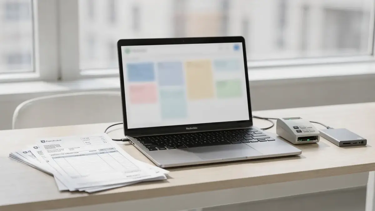 Laptop mit Buchhaltungssoftware und Unterlagen zum Einlesen von Steuerberater-Software