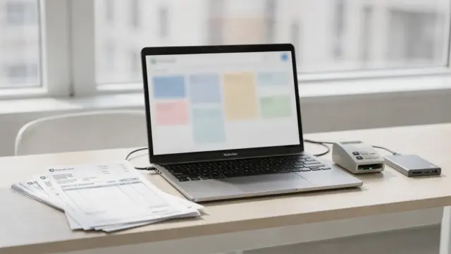 Laptop mit Buchhaltungssoftware und Unterlagen zum Einlesen von Steuerberater-Software