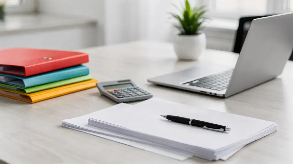 Büro-Setup zur UG-Gründung mit Unterlagen, Taschenrechner und Laptop