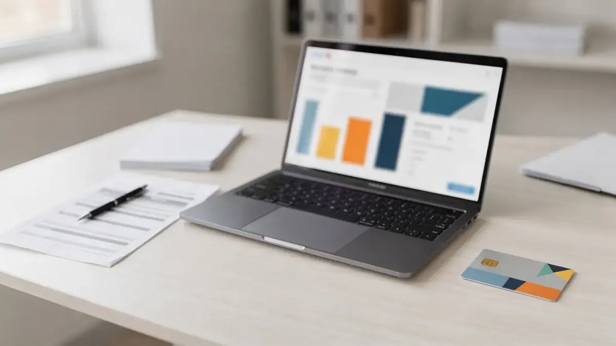 Laptop, Kontoauszug und Karte auf Schreibtisch: Geschäftskonto und Buchhaltungssoftware verbinden beim Bankabgleich