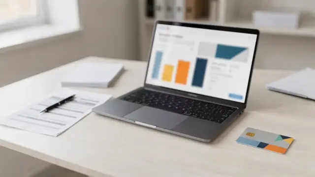 Laptop, Kontoauszug und Karte auf Schreibtisch: Geschäftskonto und Buchhaltungssoftware verbinden beim Bankabgleich