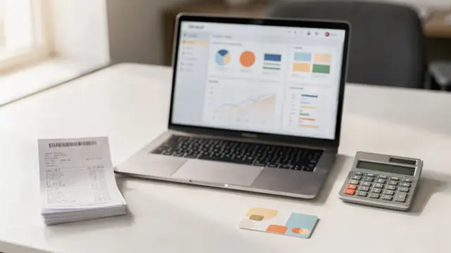 Laptop mit Buchhaltungssoftware, Bankauszug und Taschenrechner für den Bankabgleich mit dem Geschäftskonto