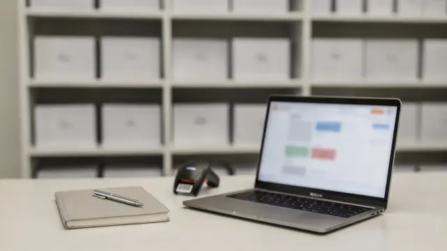 Lagerverwaltung in der Buchhaltungssoftware mit Lagerregalen, Scanner und Laptop im Büro