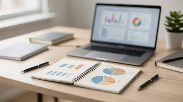 Businessplan-Arbeitsplatz mit Notizbuch und Laptop zum Nutzenversprechen im Businessplan