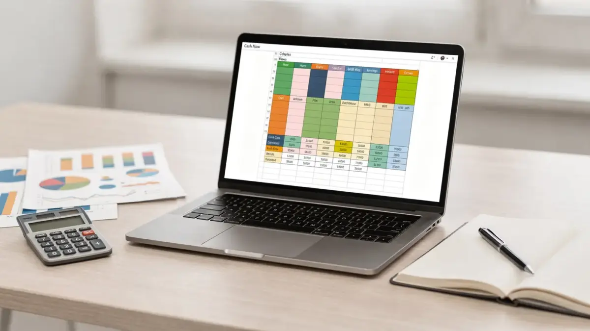 Businessplan mit Liquiditätsplanung, Cashflow-Tabellen und Taschenrechner auf einem Schreibtisch