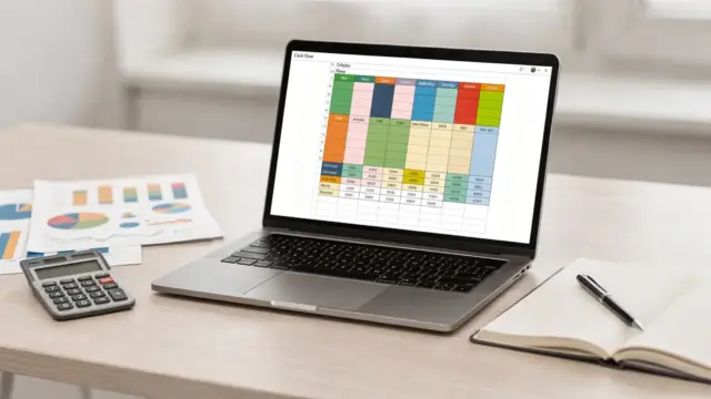 Businessplan mit Liquiditätsplanung, Cashflow-Tabellen und Taschenrechner auf einem Schreibtisch