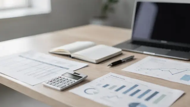 Businessplan mit Kalkulator, Charts und Laptop zur Tragfähigkeit eines Gründungsvorhabens