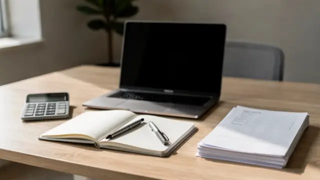 Arbeitsplatz mit Laptop, Taschenrechner und Unterlagen zur Kalkulation des Stundensatzes für Selbstständige