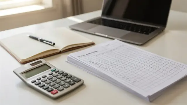 Rechner, Notizbuch und Laptop auf einem Schreibtisch zur Kalkulation des Stundensatzes mit Ausfallzeiten und Akquise.