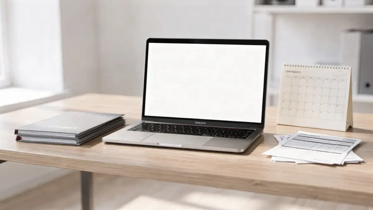 Büroarbeitsplatz mit Vertrag, Rechnungen und Laptop zum Thema Einzelkunde und Scheinselbstständigkeit