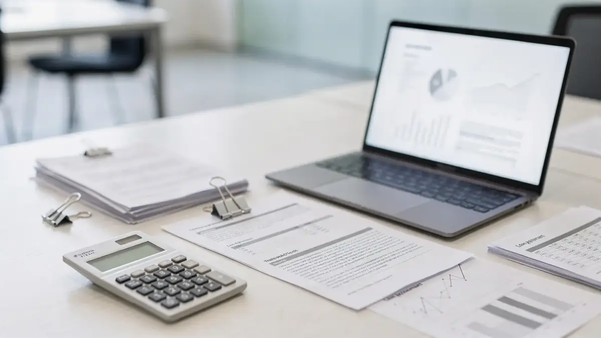 Bürotisch mit Taschenrechner und Unterlagen zu Nebenkosten beim Unternehmenskredit