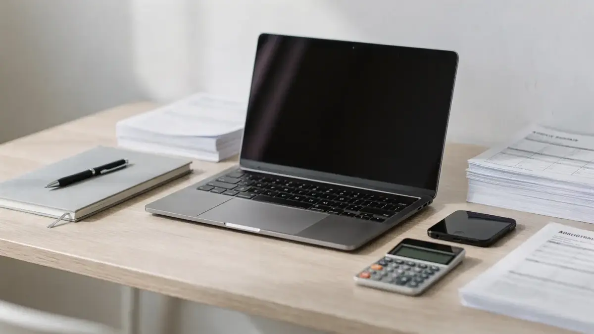 Online-Business-Startkapital: Laptop, Rechner und Budgetunterlagen auf einem modernen Schreibtisch