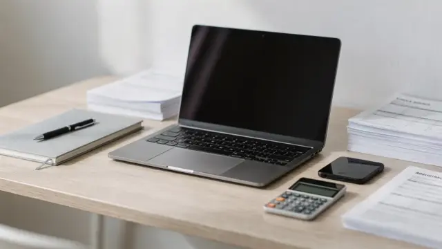 Online-Business-Startkapital: Laptop, Rechner und Budgetunterlagen auf einem modernen Schreibtisch