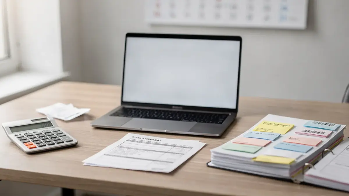 Bürodesk mit Zahlungsunterlagen und Kalender zum Thema Zahlungsverzug und Kreditwürdigkeit