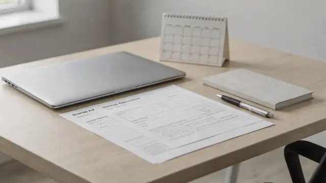 Büro-Setup mit Förderantrag vor Gründung, Laptop, Formulare und Kalender auf dem Schreibtisch