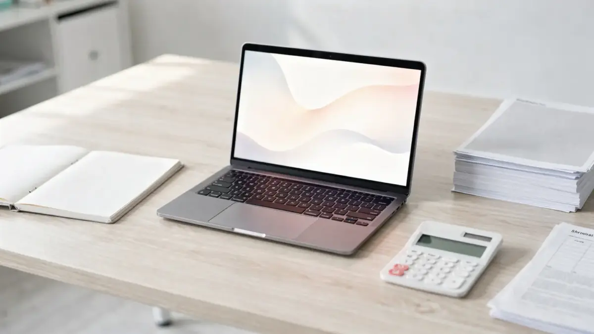 Unterlagen, Laptop und Rechner zur Förderung bei Arbeitslosigkeit und Selbstständigkeit auf einem Schreibtisch