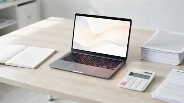Unterlagen, Laptop und Rechner zur Förderung bei Arbeitslosigkeit und Selbstständigkeit auf einem Schreibtisch