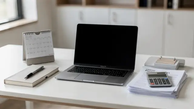 Büro-Desk mit Laptop und Unterlagen zur Förderung aus Anstellung bei der Gründung