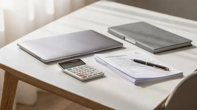 Homeoffice mit Laptop und Vertragsunterlagen zum Thema Online-Business rechtliches