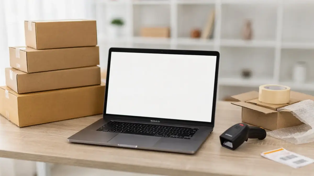 Dropshipping im Online-Business: Verpackte Versandkartons und Laptop im E-Commerce-Büro