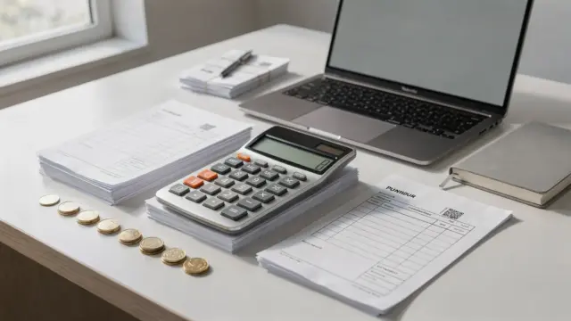 Büro-Desktop mit Taschenrechner, Rechnungen und Unterlagen zu Gründungskosten bei einer Unternehmensgründung